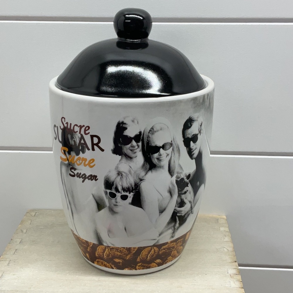 Tannex Italy Porcelain Sugar Canister Retro Family Photo Black White Lid 7.5in